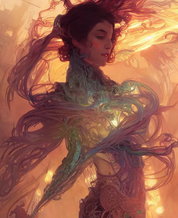 Image similar to a whirlwind of souls rushing inside the metaverse, half body, glowin eyes, insect, lizard, d & d, fantasy, intricate, elegant, highly detailed, colorful, vivid color, digital painting, artstation, concept art, art by artgerm and greg rutkowski and alphonse mucha and ruan jia