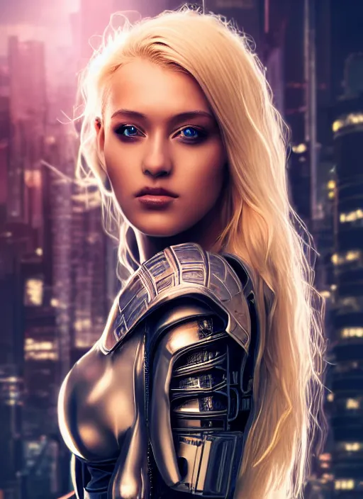 Prompt: photo of a gorgeous blonde female in cyberpunk city wearing plastic armor, realistic, sharp focus, 8 k high definition, insanely detailed, intricate, elegant, artgerm, greg kutkowski, high contrast dramatic lighting