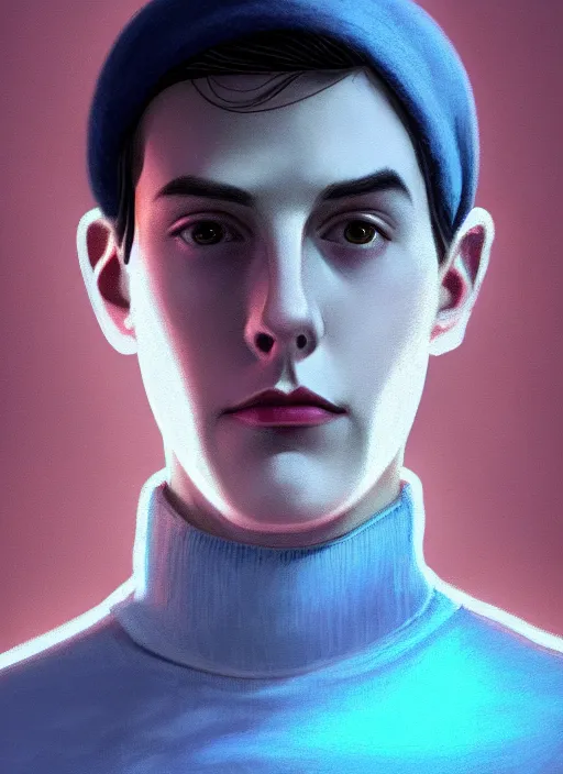 Image similar to portrait of teenage jughead jones wearing a light grey crown, crown, blue turtleneck, 1 9 5 0 s, closed eyes, photorealistic, black hair, glowing lighting, intricate, elegant, glowing lights, highly detailed, digital painting, artstation, concept art, smooth, sharp focus, illustration, art by wlop, mars ravelo and greg rutkowski