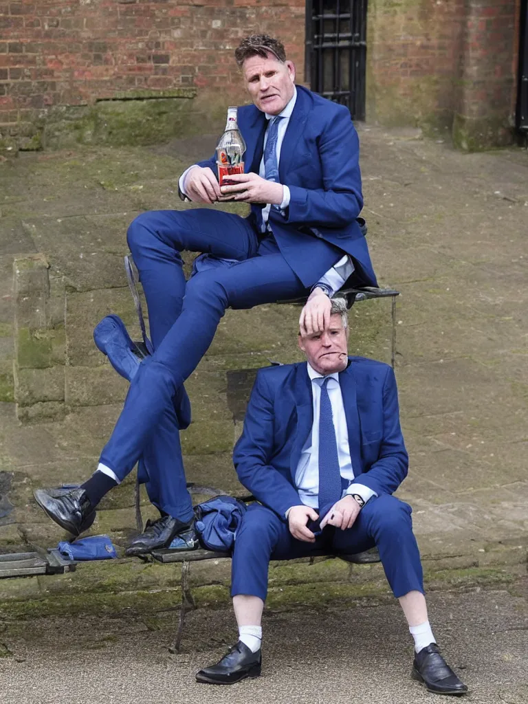 Image similar to Sir Kier Starmer in a blue suit wearing a flat cap on his head sitting on a bench alone holding a large plastic green bottle of cider, at his feet are empty cans and bottles