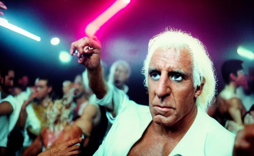 Prompt: long exposure photography of Ric Flair sweating and dancing in a rave party in a disco full of people, detailed face, cinestill 800t