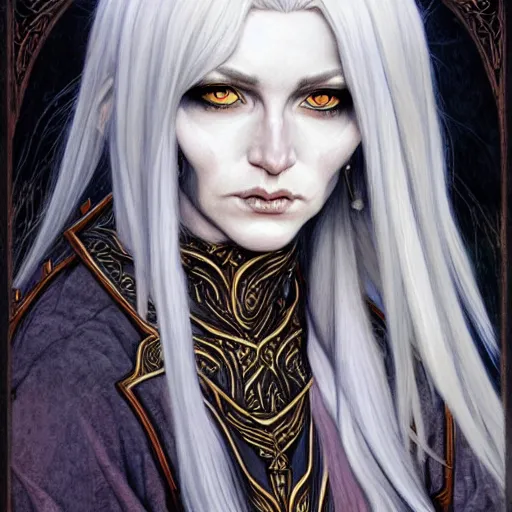 Image similar to portrait painting of a witch elf with long grey hair, sharp focus, award - winning, trending on artstation, masterpiece, highly detailed, intricate. art by rebecca guay