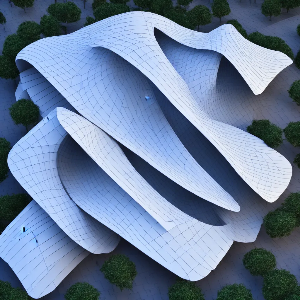 Image similar to sculptural pleated curved roof planes lift and descend creating shade and architectural expression, dramatic form, 3 d top view axonometric, architecture, dusk, lightweight structures, isometric view