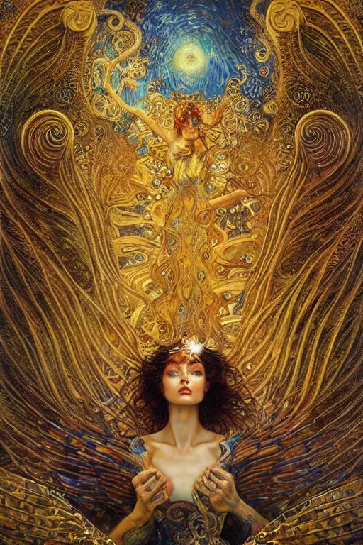 Prompt: Visions of Paradise by Karol Bak, Jean Deville, Gustav Klimt, and Vincent Van Gogh, visionary, otherworldly, fractal structures, infinite angel wings, ornate gilded medieval icon, third eye, spirals, heavenly spiraling clouds with godrays, airy colors
