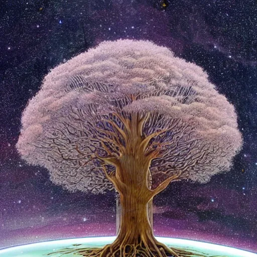 Image similar to a large tree rooted in a large crystal that is floating in space, by moebius