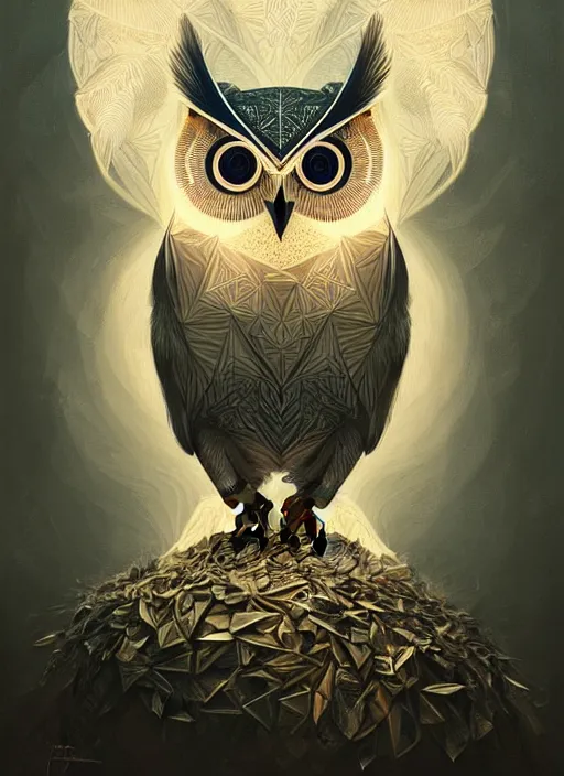 Image similar to portrait of a geometric owl, identical eyes, medium shot, illustration, full body made of white feathers, symmetrical, art stand, super detailed, cinematic lighting, and its detailed and intricate, gorgeous, by peter mohrbacher