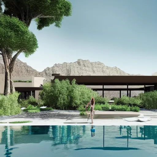 Image similar to architectural rendering of brutalism building in the desert, biophilia style, pool, garden