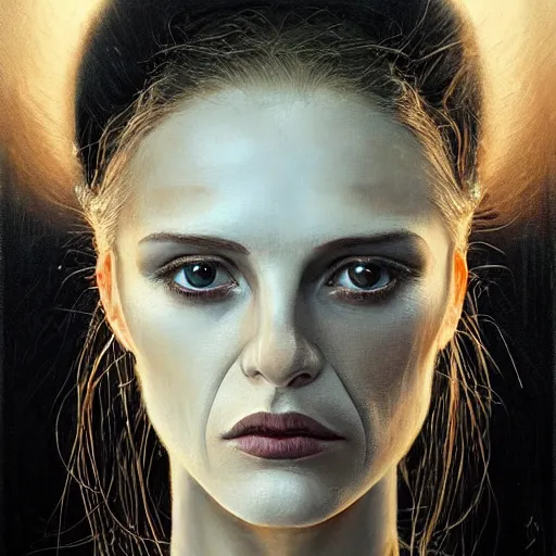 Image similar to surreal portrait of a woman by Greg Rutkowski and H.R Giger, symmetrical face, she is about 30 years old, she is about 30 years old, pretty, blond hair with two strans around her face, slavic features, melancholic gaze, pretty aquiline nose, transformed into a kind of biomechanical transhuman goddes, uncany but fascinating, sad but determined look, cosmic void background, frightening, fascinating, highly detailed portrait, digital painting, book cover, artstation, concept art, smooth, sharp foccus ilustration, Artstation HQ