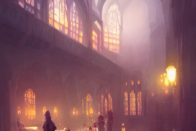 Image similar to Hogwarts, neon lighting, night city, digital art from artstation by Ruan Jia and Mandy Jurgens and Artgerm and william-adolphe bouguereau and Greg Rutkowski and Wayne Barlowe