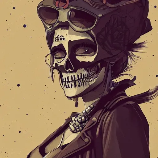 Image similar to a colorfully detailed comic noir style illustration of a beautiful woman wearing a skeleton suit in a post-apocalyptic desert by queens of the stone age and sachin teng, dark vibes, street art, cinematic, high contrast, depth of field