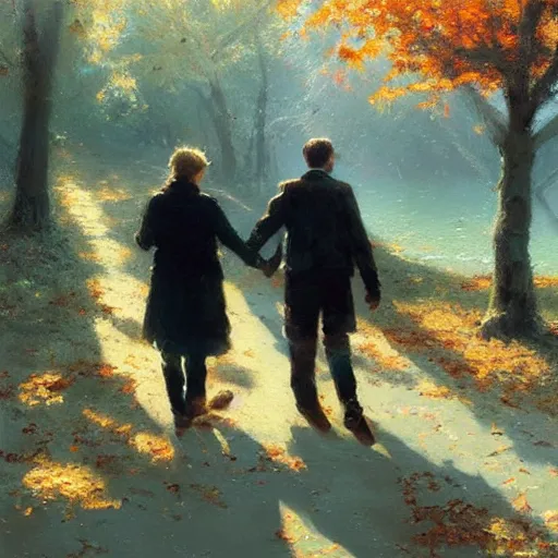 Prompt: a romantic walk in fall, warm, nostalgic, craig mullins