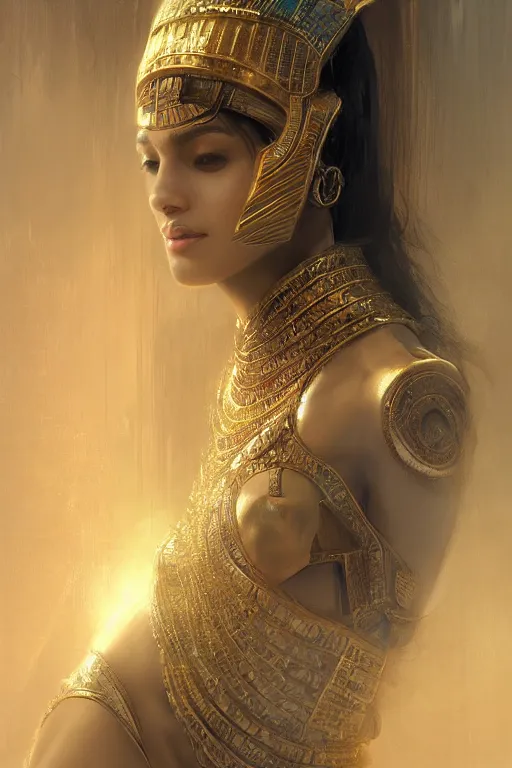 Image similar to egyptian princess, gorgeous, portrait, powerfull, intricate, elegant, volumetric lighting, digital painting, highly detailed, artstation, sharp focus, illustration, ruan jia