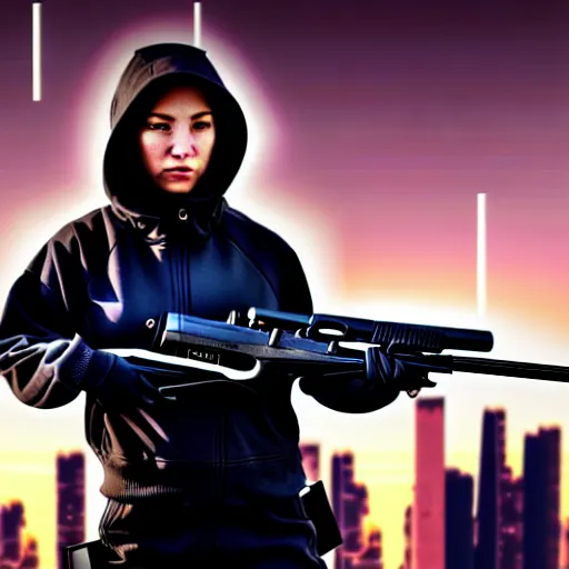 Prompt: photographic portrait of a techwear woman holding a shotgun, closeup, on the rooftop of a futuristic city at night, 4k, depth of field, high resolution, full color, Die Hard, movies with guns, movie firearms