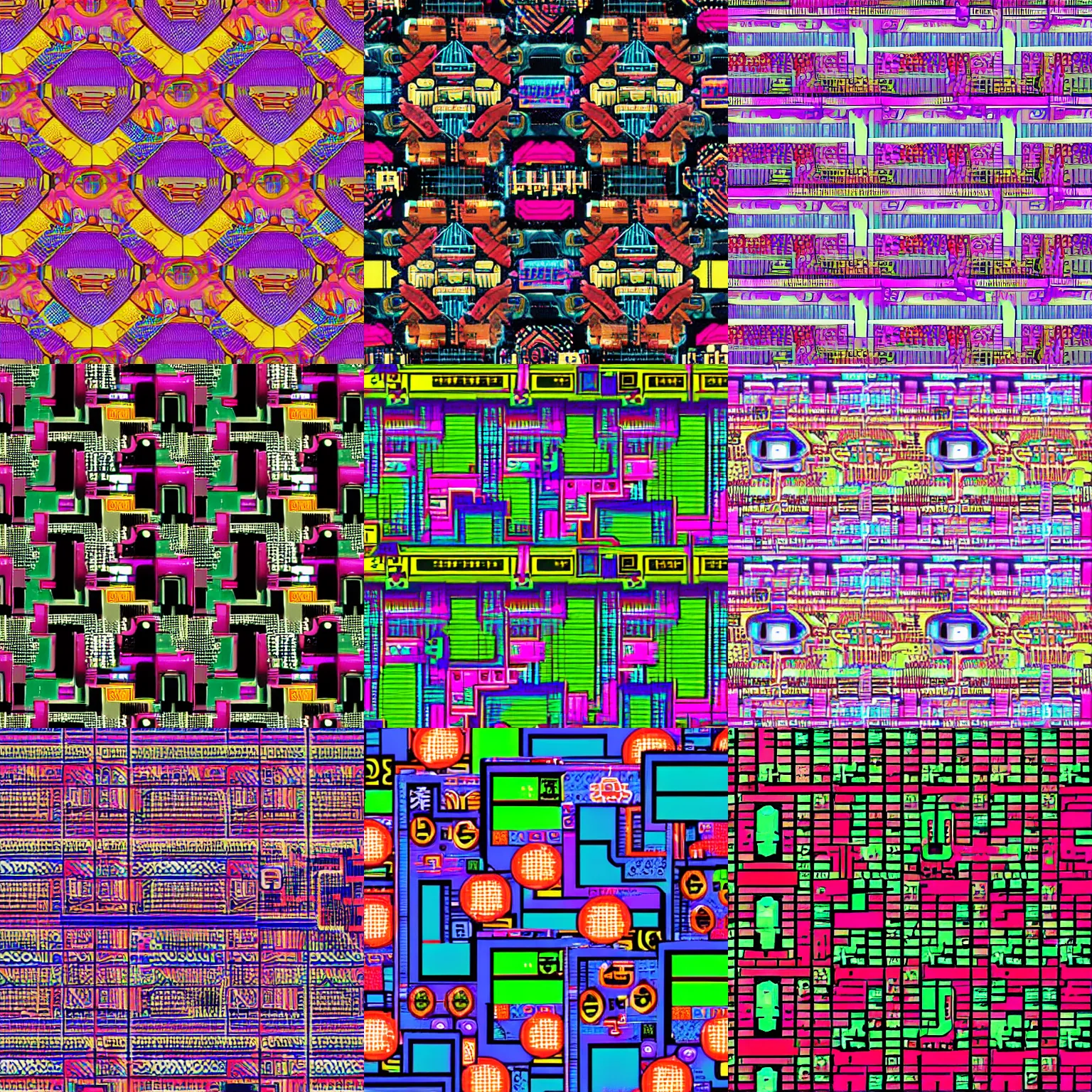 Prompt: an hyper-detailed cyberpunk pattern for background retro gaming theme, japan, 1980s, centered, colorful