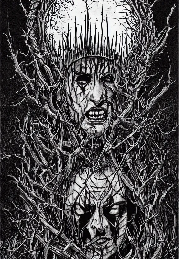 Image similar to man wearing corpse paint and a crown on thorns with long black hair, holding a knife, tears of blood. Wide shot at night. Detailed artwork by Junji Ito and dan Mumford