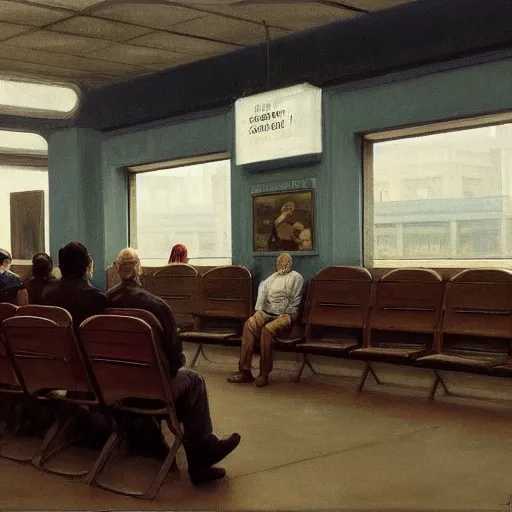 Image similar to werner herzog sits surrounded by empty chairs in the waiting area of the dmv. ultra wide angle, style of edward hopper, wes anderson, award winning, hyperrealistic, art of elysium by jeremy mann and alphonse mucha, dynamic lighting, very detailed face, 4 k