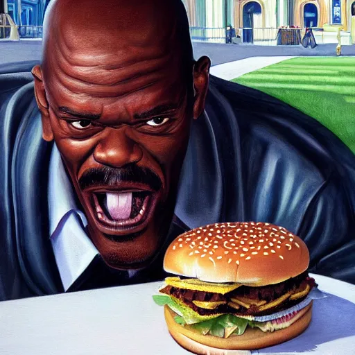 Image similar to highly detailed portrait painting of young samuel l jackson eating burger sitting on bench near moscow kremlin, balalaika, perfect symmetrical eyes, by eddie mendoza and tyler edlin, 8 k resolution