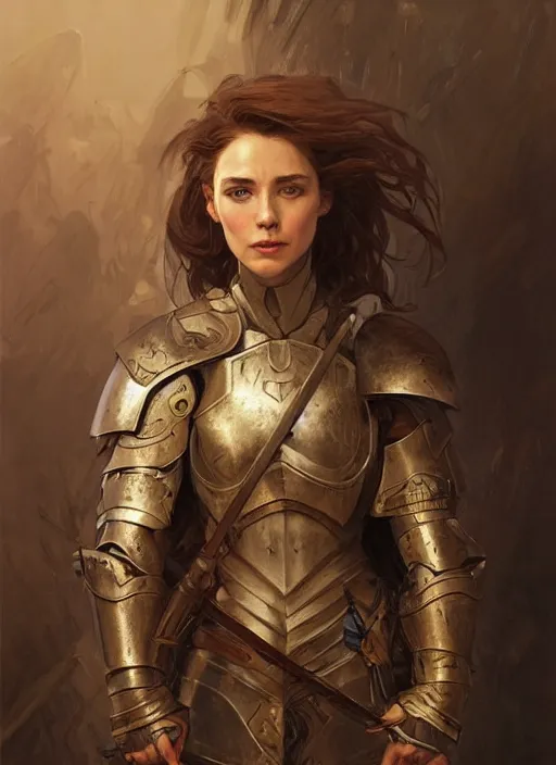 Image similar to portrait of a rugged female as a bruised knight with a shield and armor, fantasy, intricate, headshot, highly detailed, digital painting, artstation, concept art, sharp focus, cinematic lighting, illustration, art by artgerm and greg rutkowski, alphonse mucha, cgsociety