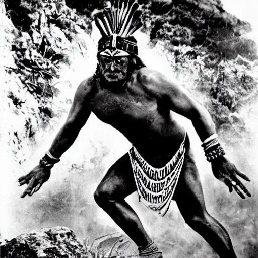 Image similar to Maori warrior during ancient extreme sports by david lachapelle, old photo, black and white, vintage