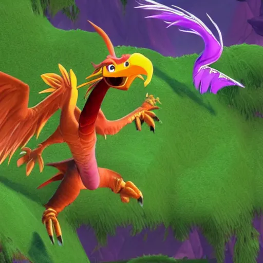 Image similar to screenshot of a humanoid griffin bard with a feather in its cap as an enemy in spyro the dragon video game, with playstation 1 graphics, activision blizzard, upscaled to high resolution