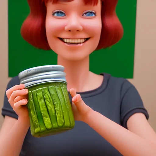 Prompt: a smiling girl with short grey red hair proudly holding a fido jar into the camera. close up. the fido jar is filled with big green pickles. by ralph mcquarrie