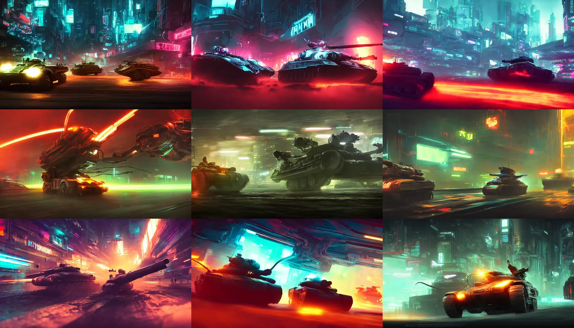 Prompt: photo of a man racing a tank on an alien cyberpunk neon planet, cinematic, atmospheric, 8k, trending on artstation