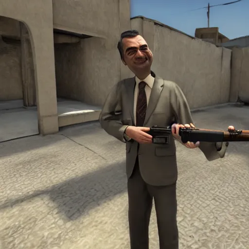 Image similar to mr bean holding an awp in dust 2, counter strike global offensive, videogame, 8 k, award winning