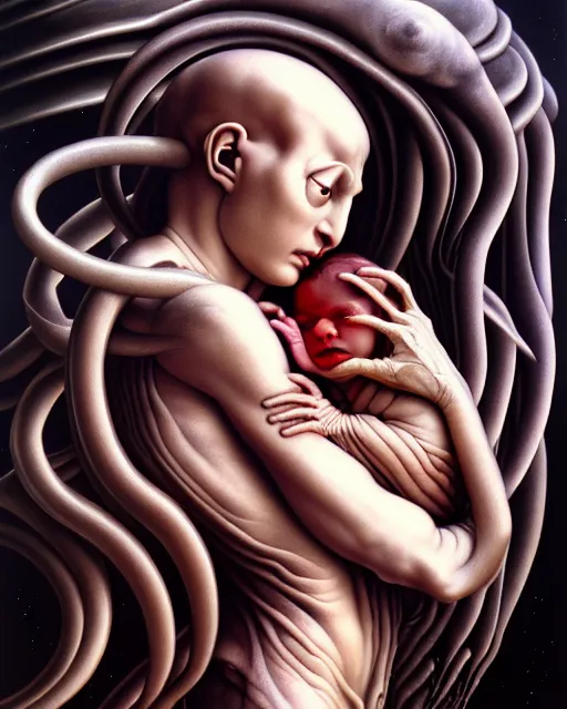 Prompt: newborn from alien by evelyn de morgan, by hr giger, hd, hyper detailed, 4 k