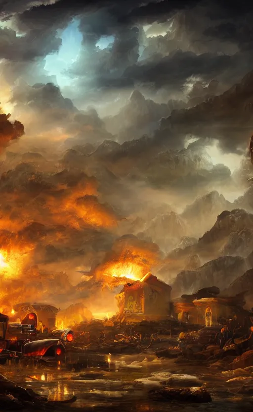 Prompt: beautiful epic landscape painting of a mcdonalds restaurant in an apocalypse. surrounded by demons and 4 horseman, lightning, explosions, etc, fantasy art, hd, ultrawide angle, vibrant colours, hq. very detailed.
