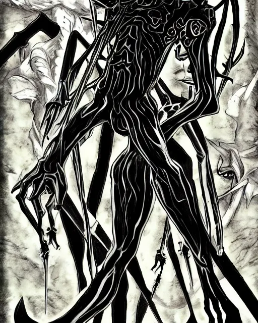 Prompt: shin megami tensei art of a demon called slenderman, art by kazuma kaneko, demonic compedium, digital drawing, high quality, highly detailed