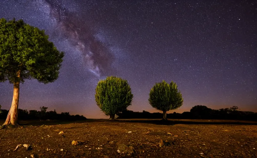 Prompt: night timelapse photography of many stars with a tree in foreground