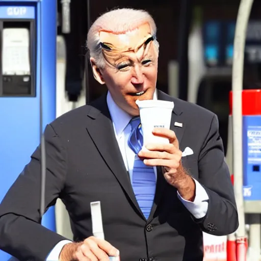 Image similar to Joe Biden drinking gasoline from the gas station pump