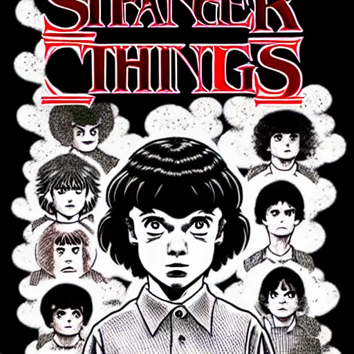 Prompt: stranger things 4 season manga by junji ito