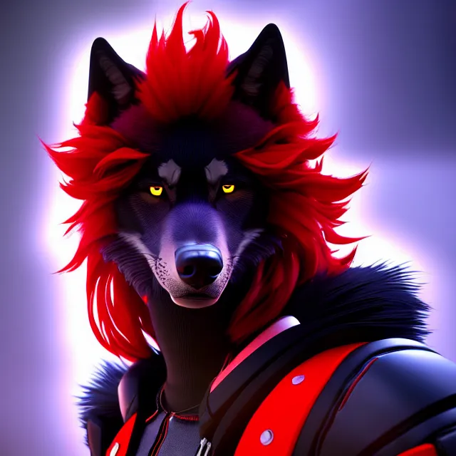 Image similar to portrait of a anthropomorphic black male wolf with red long red hair wearing futuristic clothes in a futuristic city, hyper detailed, digital art, trending in artstation, cinematic lighting, studio quality, smooth render, unreal engine 5 rendered, octane rendered, art style by pixar dreamworks warner bros disney riot games and overwatch.