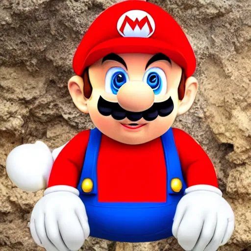 Image similar to an humanoid rat with a mask of mario in a cave
