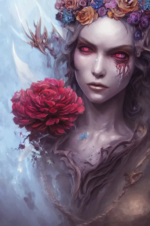 Prompt: demon face closeup of girl necromancer full of scars and flowers, wizard of the coast casting magic spell, angel, magic storm and thunder clouds, fantasy, magic the gathering, hyper detailed, 3 d render, hyper realistic detailed portrait, peter mohrbacher