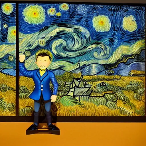 Image similar to vincent van gogh standing next to his painting starry night, stop motion vinyl action figure, plastic, toy, butcher billy style