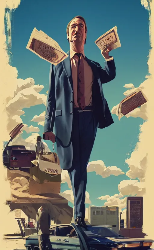 Image similar to saul goodman, poster of better call saul, vintage, matte painting, illustration,, by rhads, by greg rutkowski, by greg tocchini, by james gilleard, by joe fenton