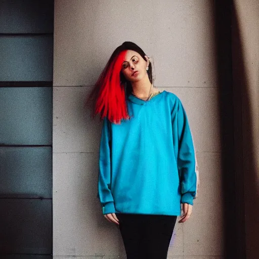 Image similar to high quality photo of a beautiful woman wearing tribe clothes. moody and melanchony with accents of gold, red and cyan.