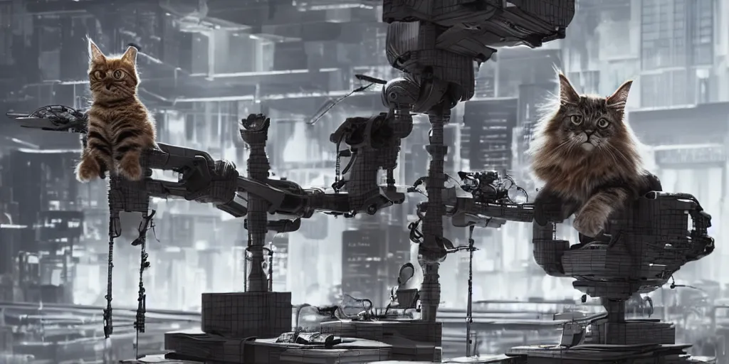 Image similar to a 3 d rendered movie still a of mainecoon robot kitten has become a cat scanning device. cyberpunk cat tree. science fiction blockbuster movie from the future, imax 7 0 mm. style of mandalorian ( american space western television series )