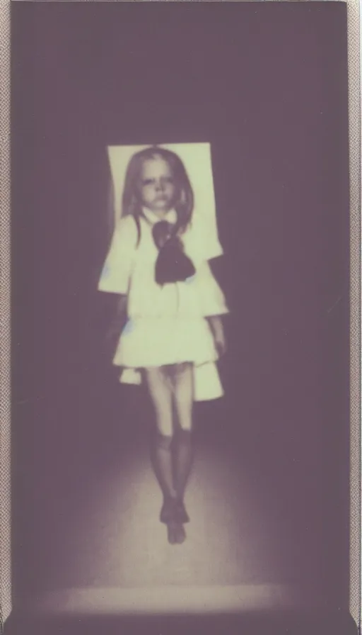 Image similar to found polaroid photo of a girl floating in a dark hallway, possessed