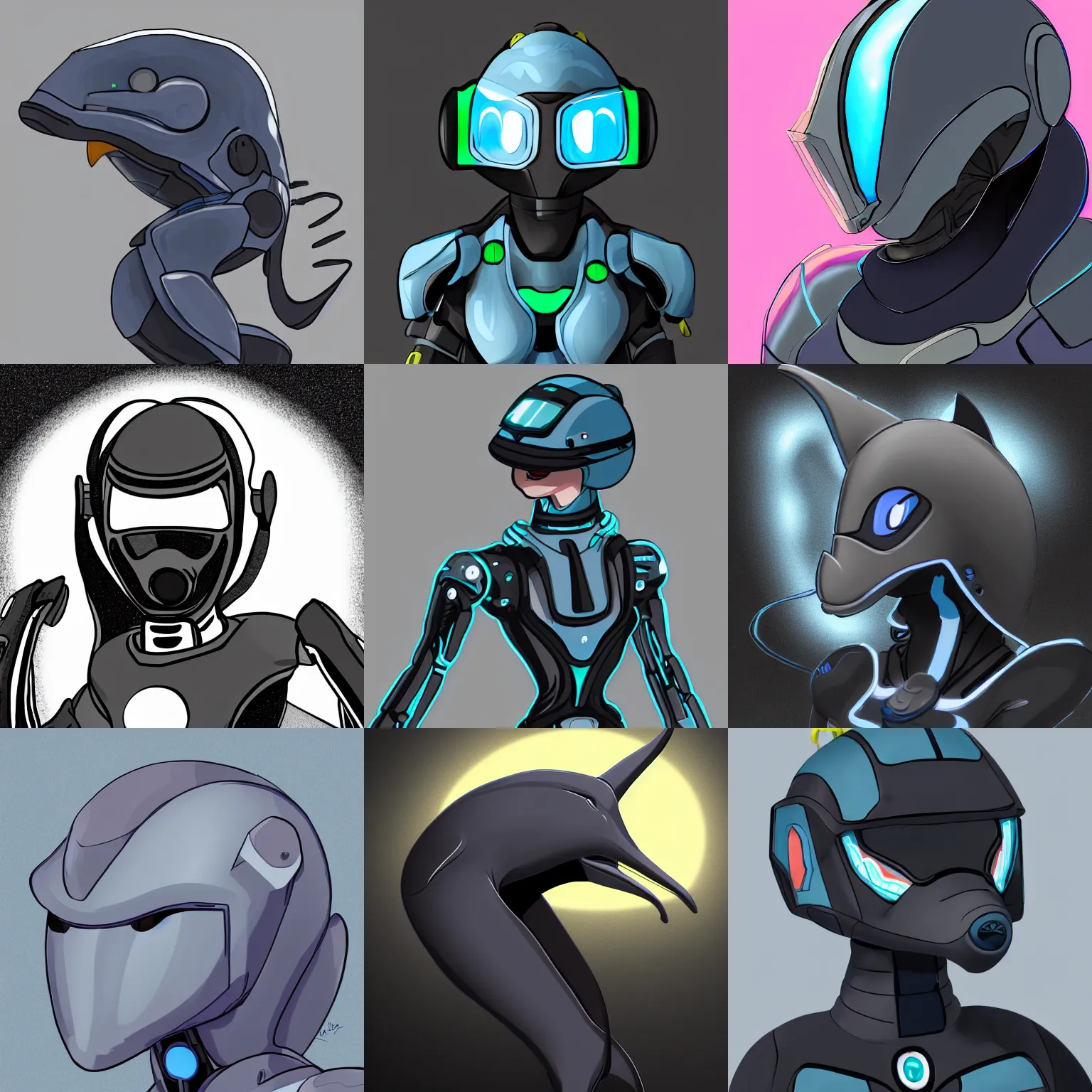 Prompt: robotic anthro dolphin, dark opaque visor over top of face, commission on furaffinity