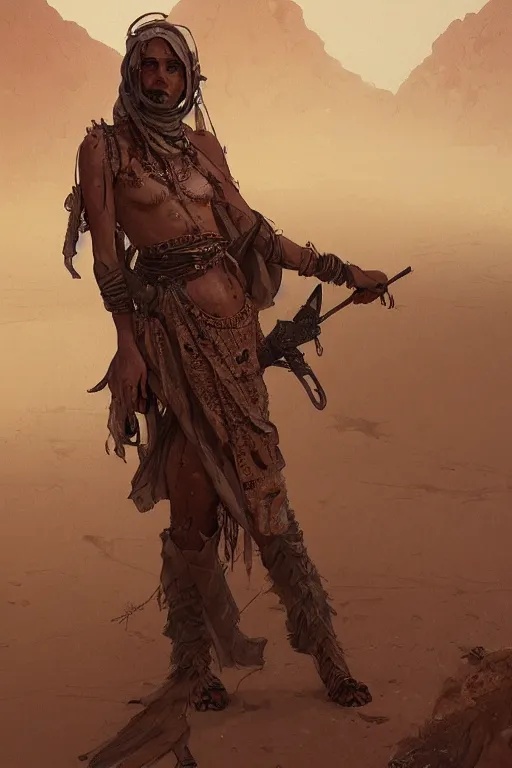 Prompt: a full body portrait of a beautiful post apocalyptic offworld desert bedouin blind barbarian leper by the road, intricate, elegant, highly detailed, digital painting, artstation, concept art, smooth, sharp focus, illustration, art by krenz cushart and artem demura and alphonse mucha