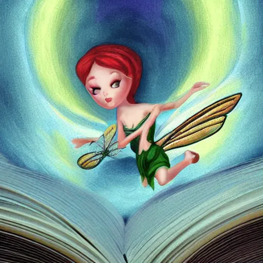 Image similar to a fairy hovers above an open book, highly detailed, digital painting, sharp focus, fantasy art