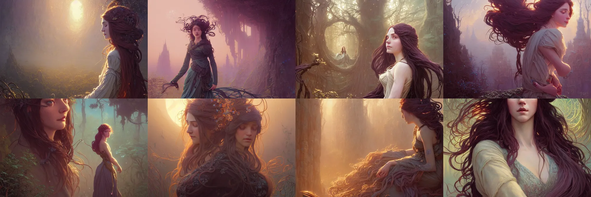 Image similar to highly detailed portrait of a woman with long hairs, stephen bliss, unreal engine, fantasy art by greg rutkowski, art nouveau, loish, rhads, ferdinand knab, makoto shinkai and lois van baarle, ilya kuvshinov, rossdraws, tom bagshaw, alphonse mucha, global illumination, radiant light, detailed and intricate environment