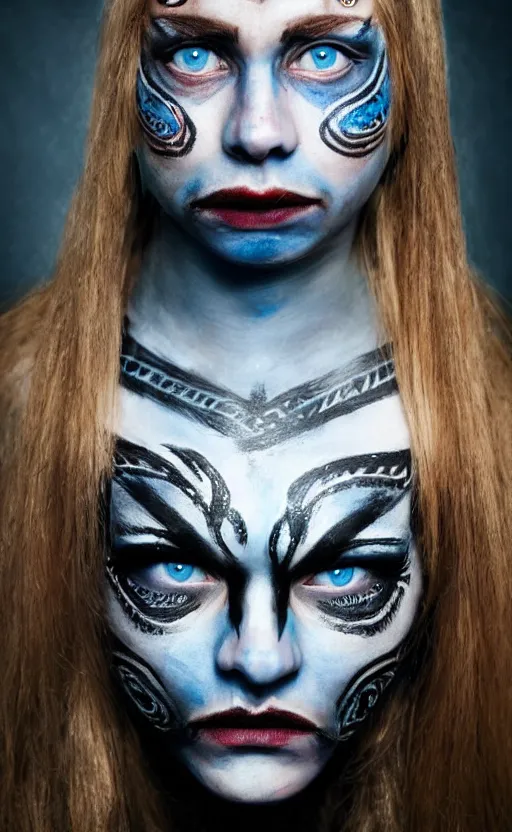 Prompt: photorealistic portrait of female viking warrior in tribal face paint, bloody nose, blue eyes, porcelain skin, black hair, determined