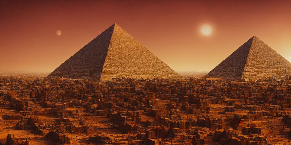 Image similar to a city in the desert with a pyramid in center, ziggurat, fantasy art,hyper realistic, dramatic lighting, cinematic, 35mm lens, 8k,