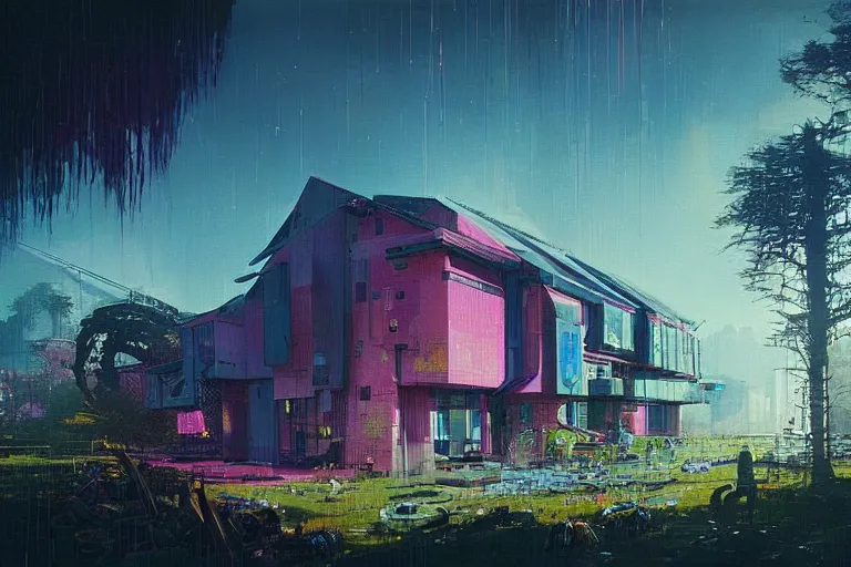 Image similar to cyberpunk, an estate agent listing photo, external view of a 5 bedroom detached countryside house in the UK, it's a sunny day, by Paul Lehr