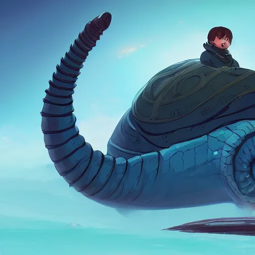 Prompt: Frank Herbert as Paul Atreides riding a giant sandworm, eyes blue with spice, ambient lighting, 4k, anime key visual, lois van baarle, ilya kuvshinov, rossdraws, artstation