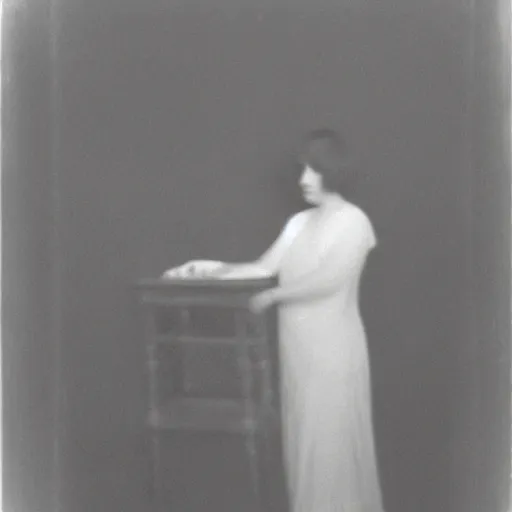 Prompt: 1920 infrared photo taken during a séance showing a spirit medium and a manifested spirit